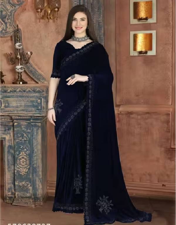 PALKAANO Velvet Embroidered Regular Saree With Unstitched Blouse Piece ( Navy Blue ) PALKAANO Velvet Embroidered Regular Saree With Unstitched Blouse Piece ( Navy Blue )