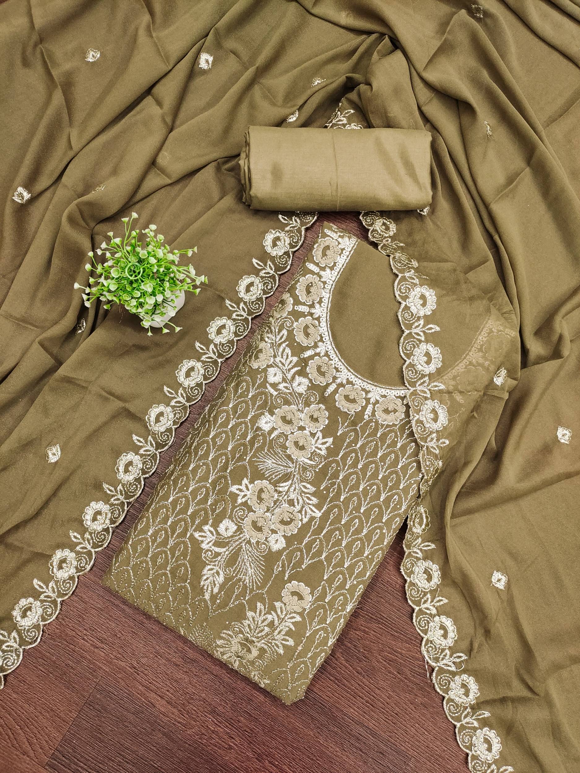 Panbai sarees Women Georgette Unstitched Dress Material ( Olive ) Panbai sarees Women Georgette Unstitched Dress Material ( Olive )