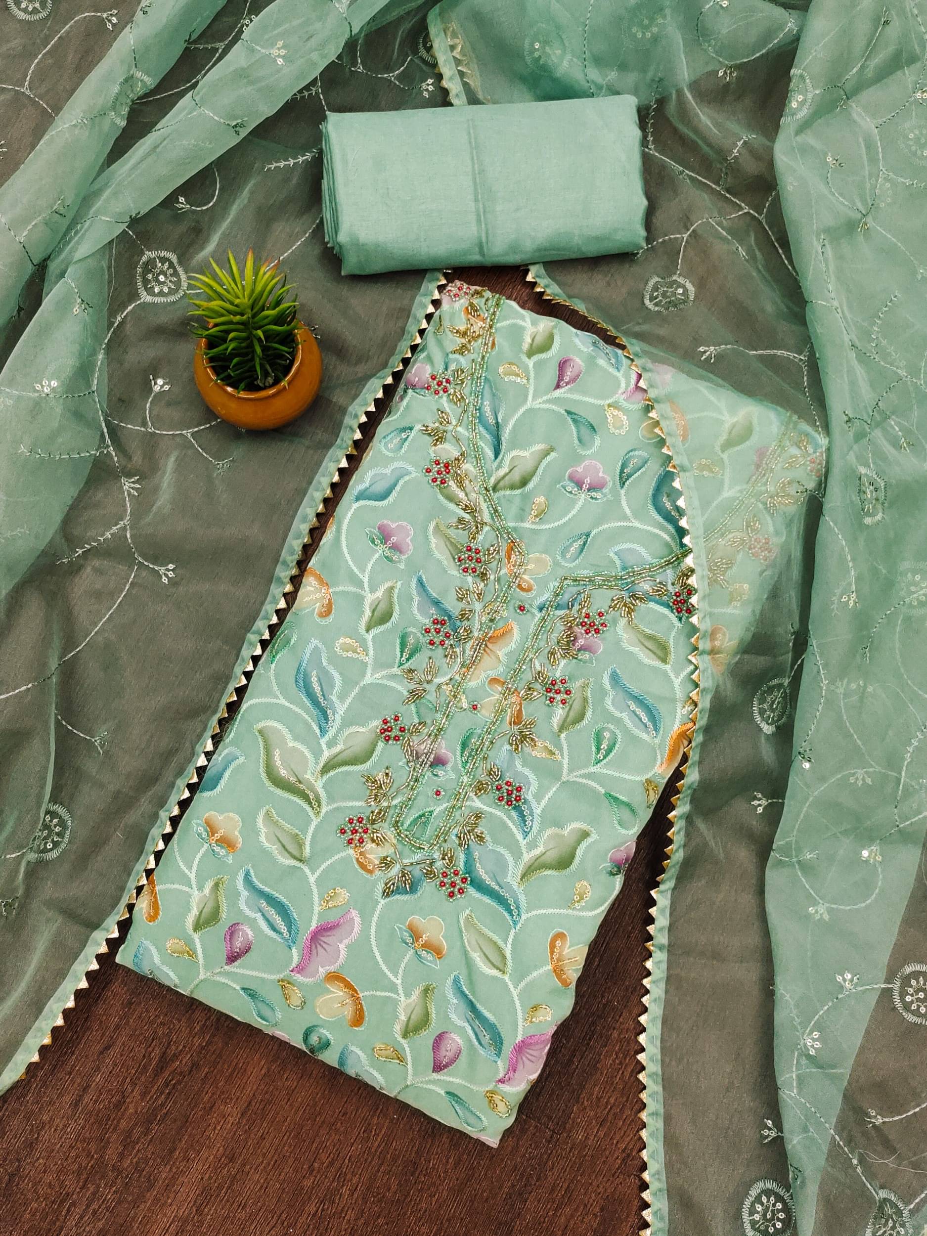     			Panbai sarees Women Organza Unstitched Dress Material ( Teal )