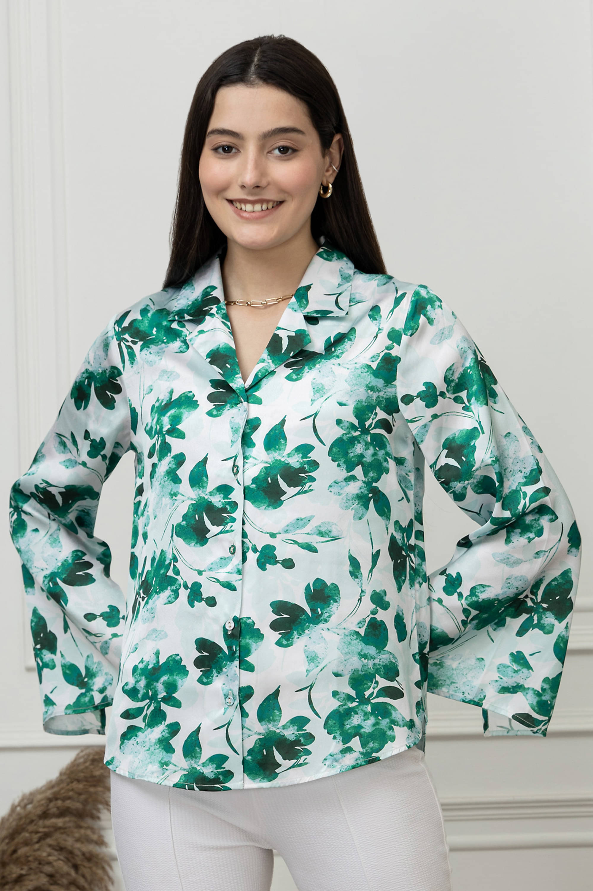     			Purys Women Printed Satin Shirt ( White )
