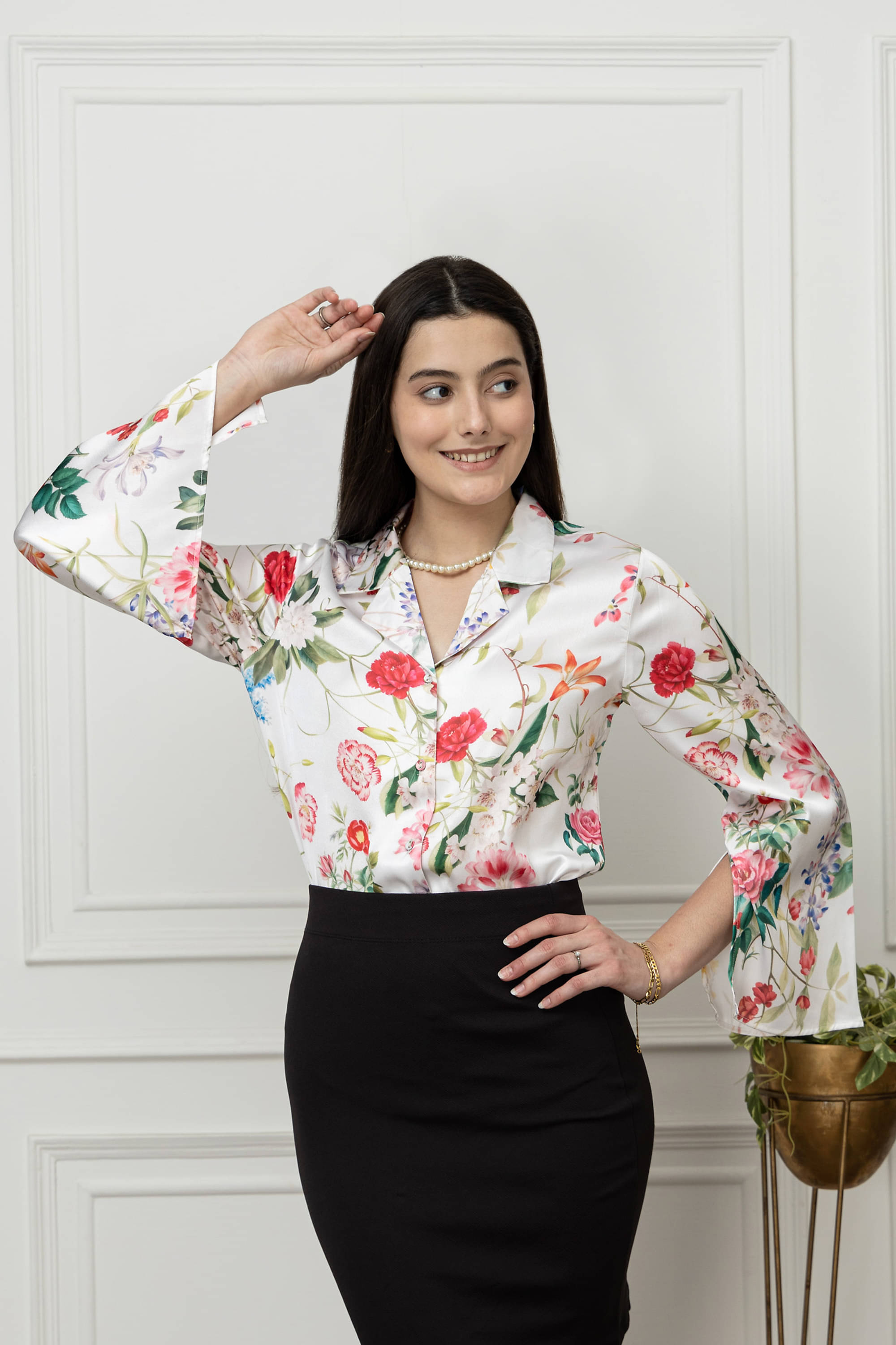 Purys Women Printed Satin Shirt ( Pink ) Purys Women Printed Satin Shirt ( Pink )