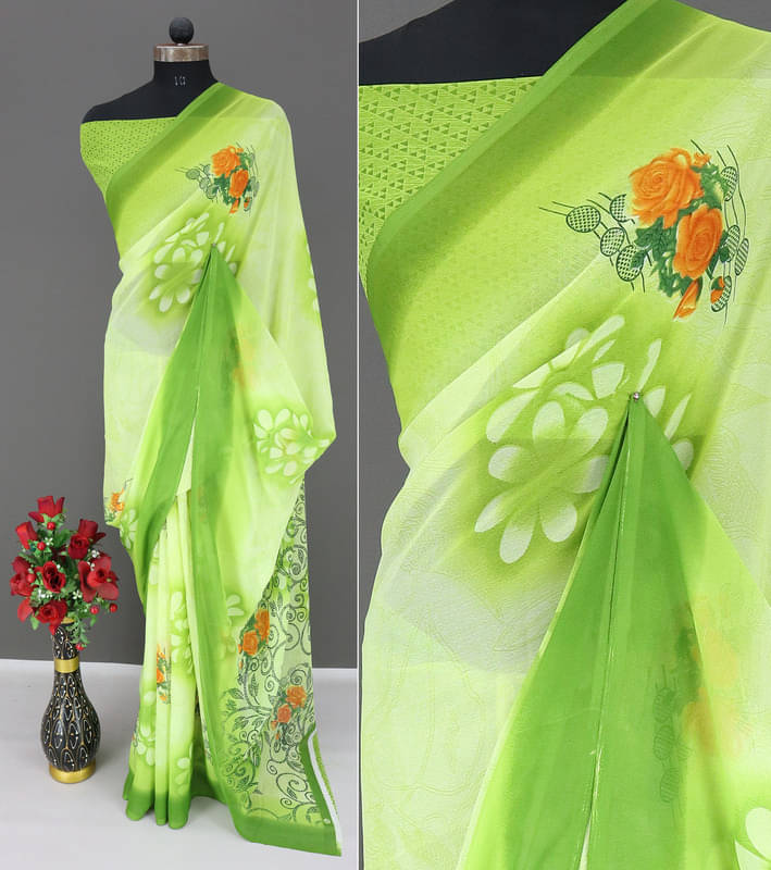 Rekha Maniyar Georgette Printed Regular Saree With Unstitched Blouse Piece ( Green ) Rekha Maniyar Georgette Printed Regular Saree With Unstitched Blouse Piece ( Green )