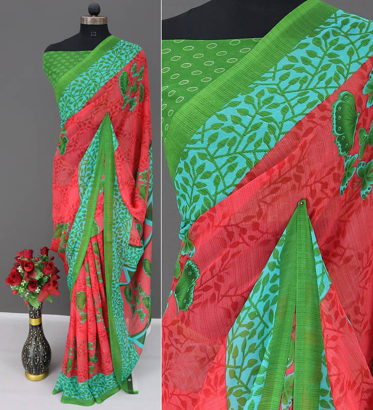 Rekha Maniyar Georgette Printed Regular Saree With Unstitched Blouse Piece ( Red ) Rekha Maniyar Georgette Printed Regular Saree With Unstitched Blouse Piece ( Red )