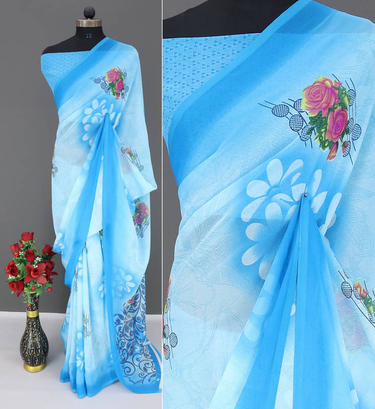     			Rekha Maniyar Georgette Printed Regular Saree With Unstitched Blouse Piece ( Blue )