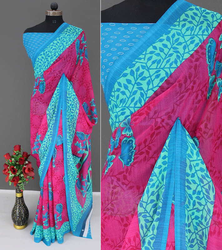     			Rekha Maniyar Georgette Printed Regular Saree With Unstitched Blouse Piece ( Pink )