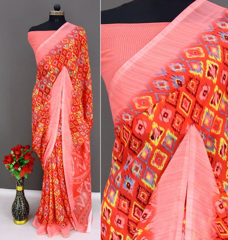 Rekha Maniyar Georgette Printed Regular Saree With Unstitched Blouse Piece ( Peach ) Rekha Maniyar Georgette Printed Regular Saree With Unstitched Blouse Piece ( Peach )