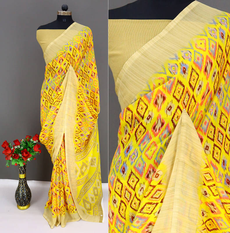 Rekha Maniyar Georgette Printed Regular Saree With Unstitched Blouse Piece ( Yellow ) Rekha Maniyar Georgette Printed Regular Saree With Unstitched Blouse Piece ( Yellow )