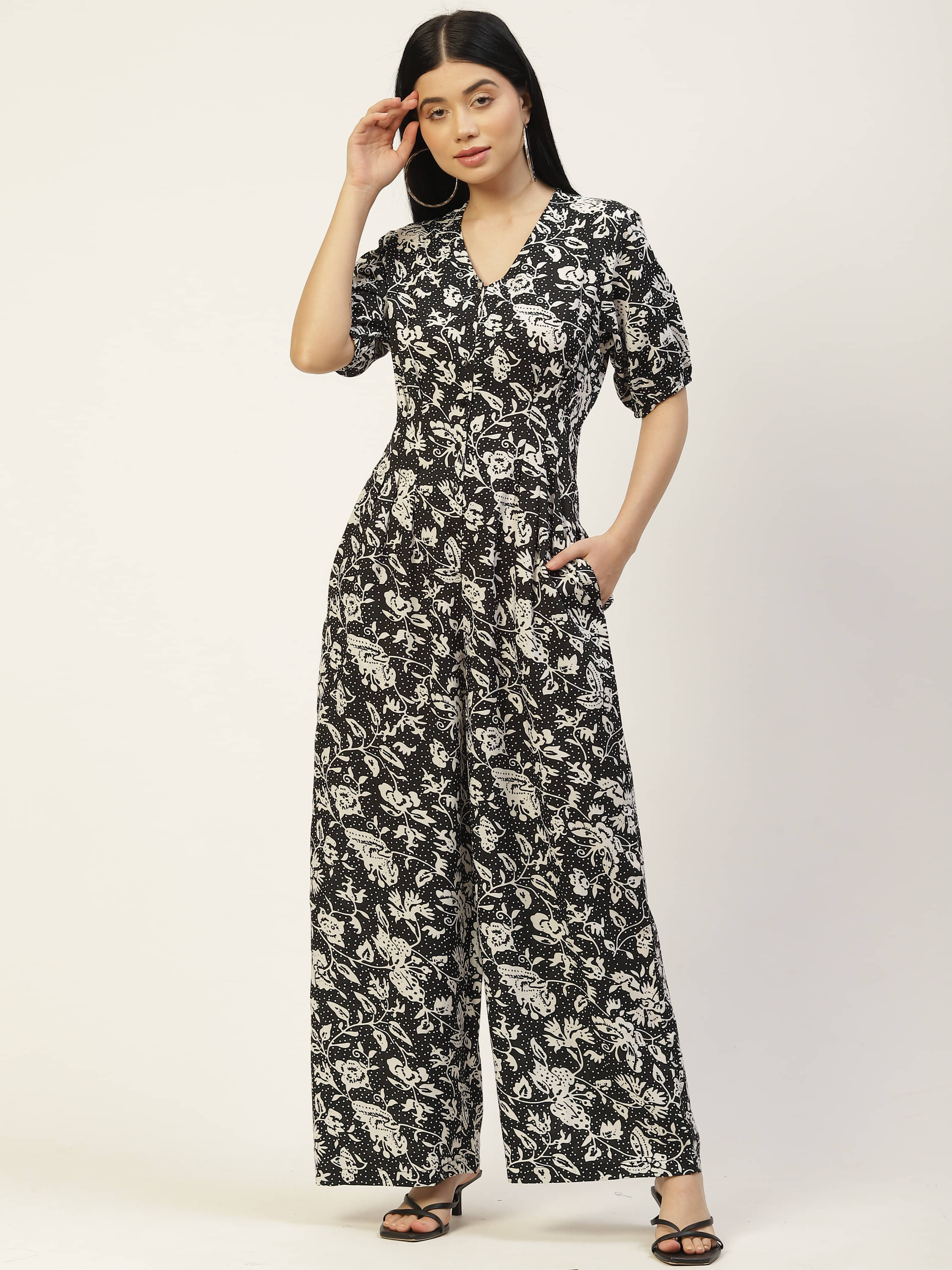     			Rue Collection Women Printed Polyester Jumpsuit ( Black )