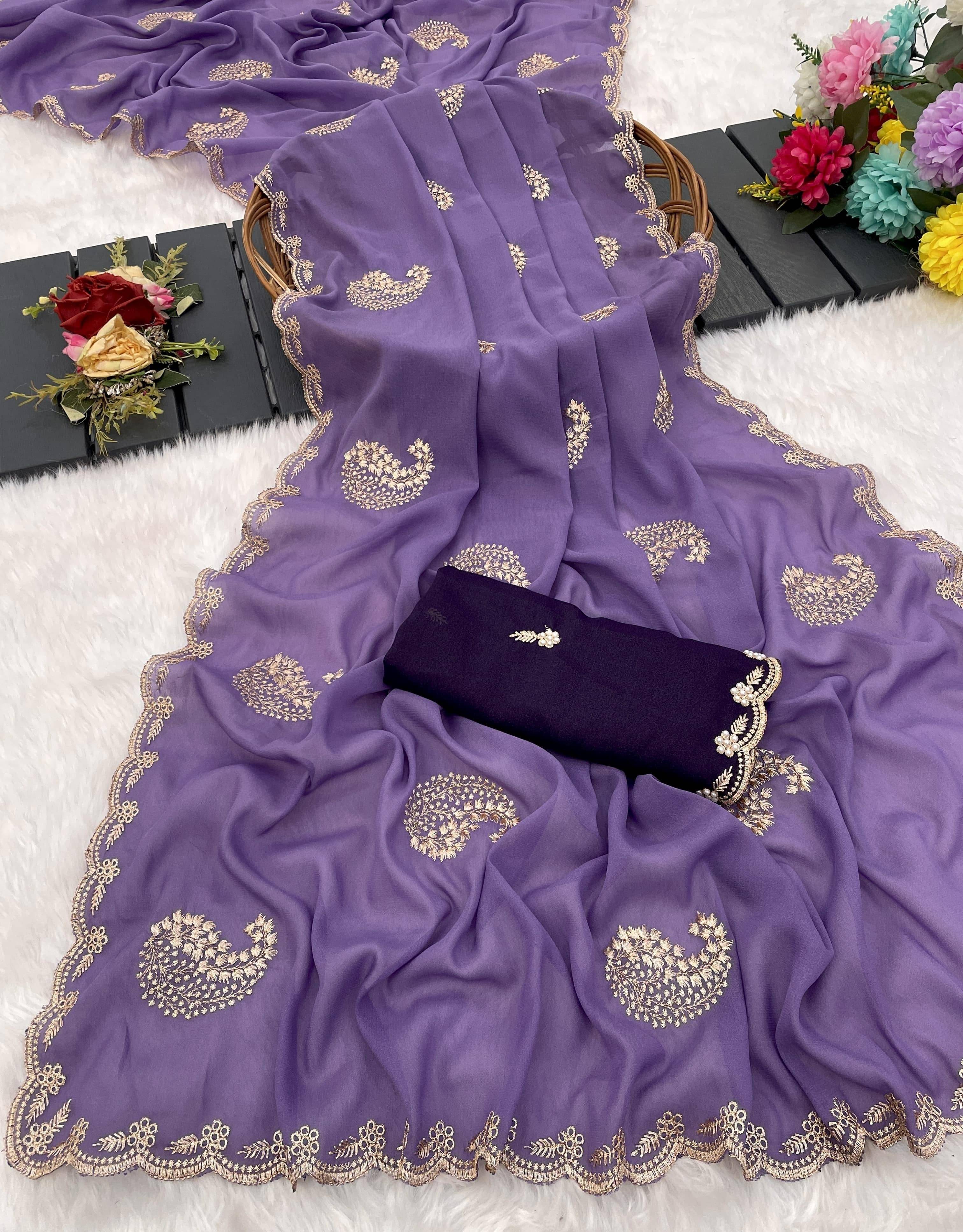     			SHRIMORI Georgette Embellished Regular Saree With Unstitched Blouse Piece ( Purple )