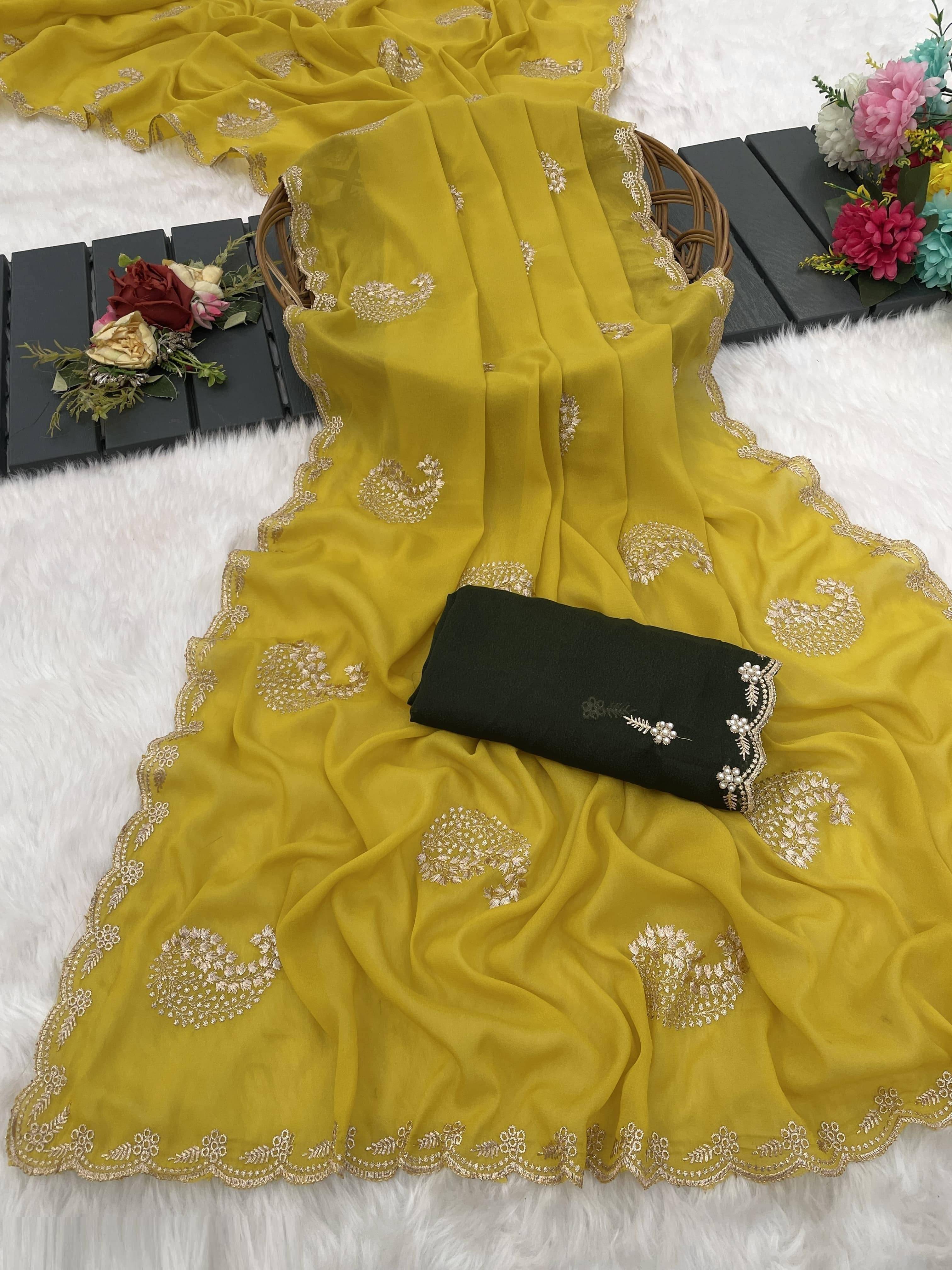 SHRIMORI Georgette Embellished Regular Saree With Unstitched Blouse Piece ( Yellow ) SHRIMORI Georgette Embellished Regular Saree With Unstitched Blouse Piece ( Yellow )