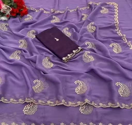 SHRIMORI Georgette Embellished Regular Saree With Unstitched Blouse Piece ( Purple ) SHRIMORI Georgette Embellished Regular Saree With Unstitched Blouse Piece ( Purple )