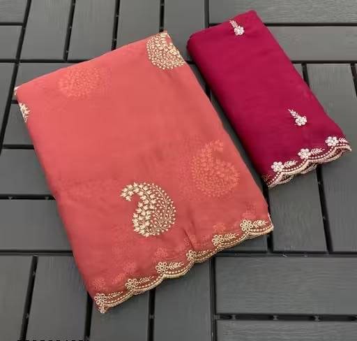 SHRIMORI Georgette Embellished Regular Saree With Unstitched Blouse Piece ( Peach ) SHRIMORI Georgette Embellished Regular Saree With Unstitched Blouse Piece ( Peach )