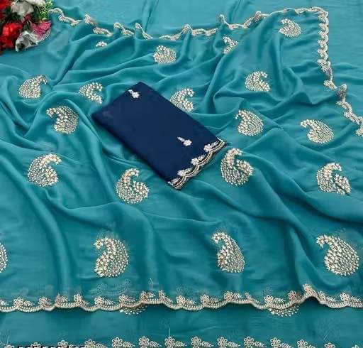 SHRIMORI Georgette Embellished Regular Saree With Unstitched Blouse Piece ( Sky Blue ) SHRIMORI Georgette Embellished Regular Saree With Unstitched Blouse Piece ( Sky Blue )
