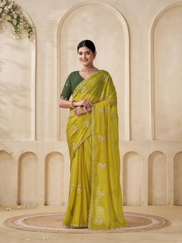    			SHRIMORI Georgette Embellished Regular Saree With Unstitched Blouse Piece ( Yellow )