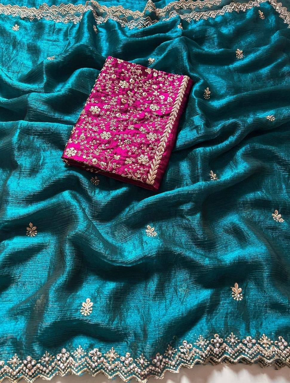SHRIMORI Silk Blend Embellished Regular Saree With Unstitched Blouse Piece ( Rama ) SHRIMORI Silk Blend Embellished Regular Saree With Unstitched Blouse Piece ( Rama )