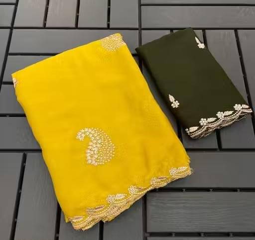     			Sanjana Silk Georgette Embellished Regular Saree With Unstitched Blouse Piece ( Yellow )