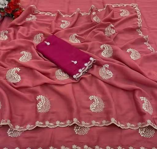 Sanjana Silk Georgette Embellished Regular Saree With Unstitched Blouse Piece ( Peach ) Sanjana Silk Georgette Embellished Regular Saree With Unstitched Blouse Piece ( Peach )