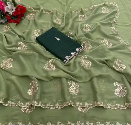 Sanjana Silk Georgette Embellished Regular Saree With Unstitched Blouse Piece ( Green ) Sanjana Silk Georgette Embellished Regular Saree With Unstitched Blouse Piece ( Green )