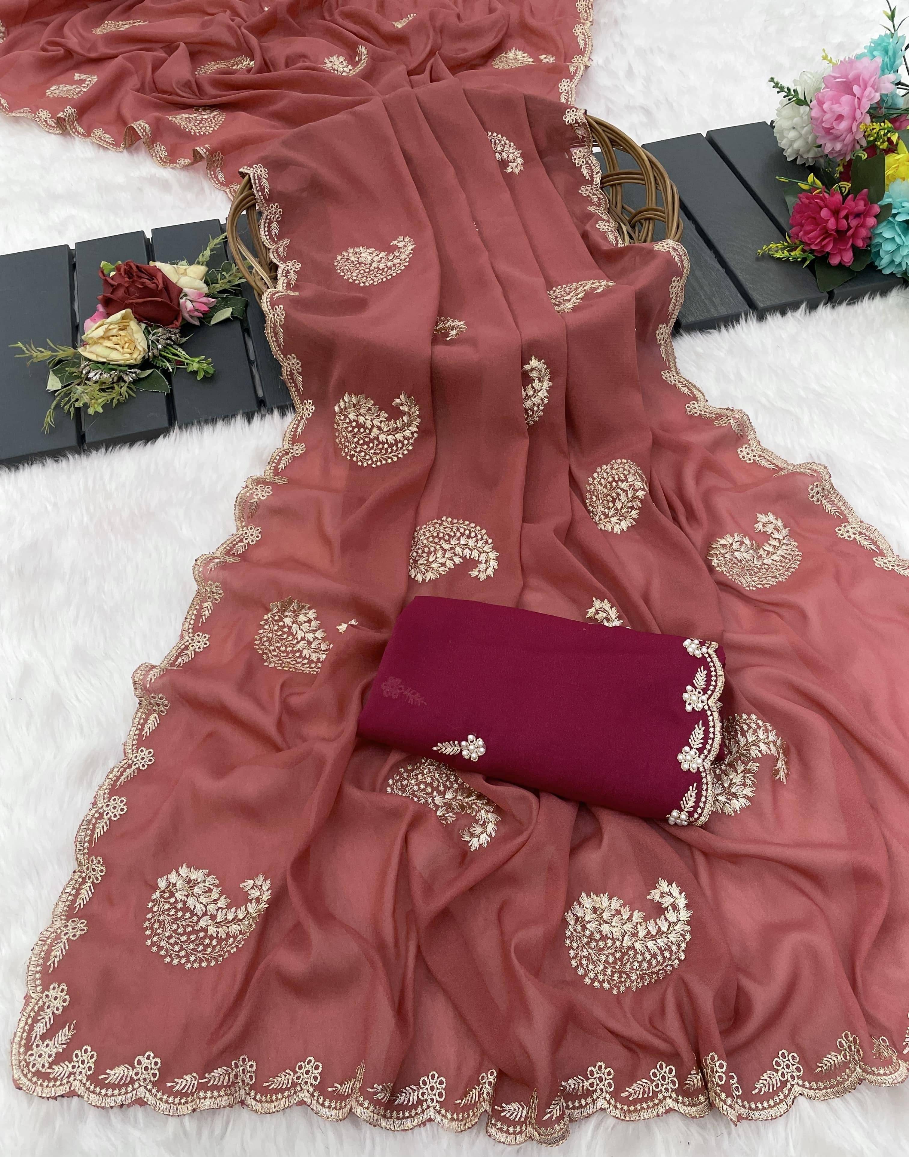     			Sanjana Silk Georgette Embellished Regular Saree With Unstitched Blouse Piece ( Peach )