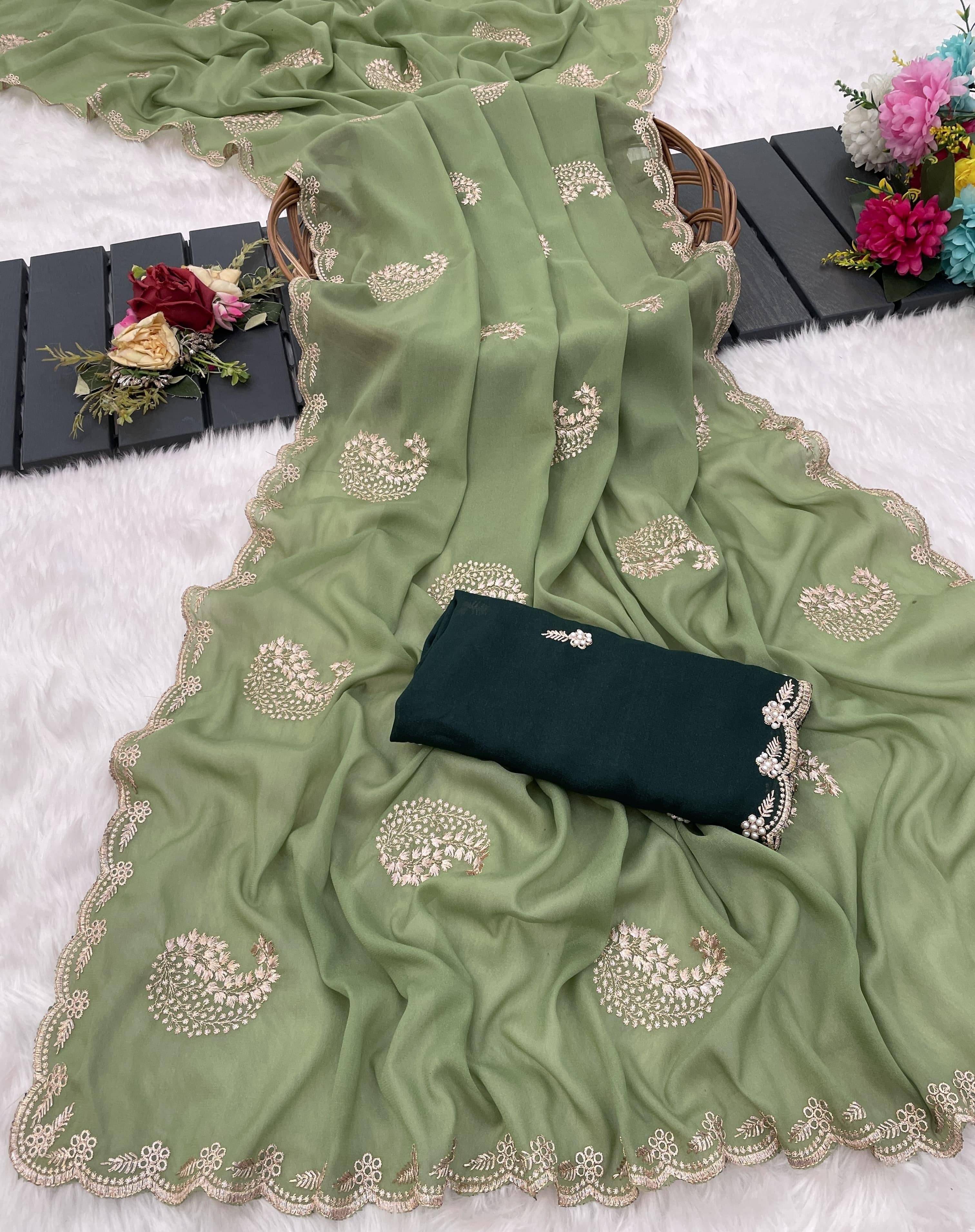 Sanjana Silk Georgette Embellished Regular Saree With Unstitched Blouse Piece ( Green ) Sanjana Silk Georgette Embellished Regular Saree With Unstitched Blouse Piece ( Green )