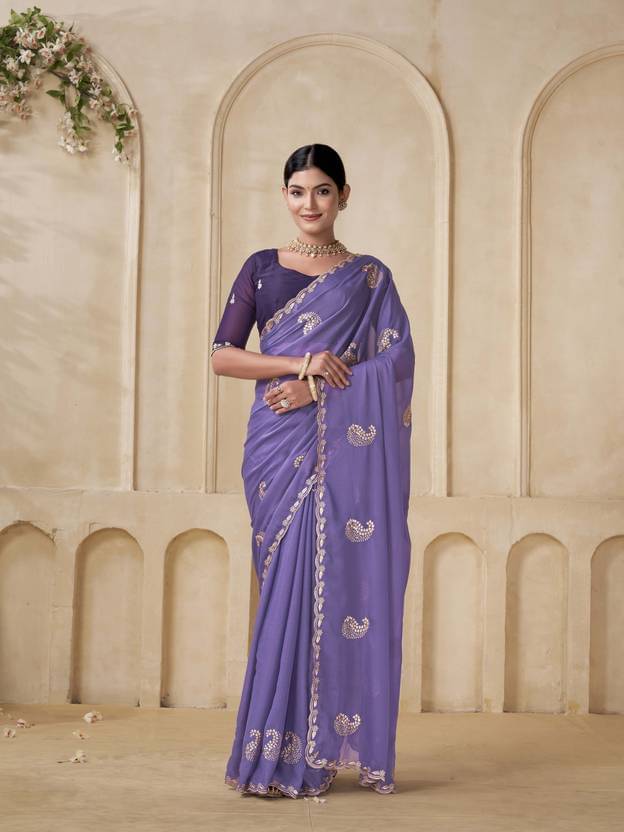     			Sanwariya Silk Georgette Embellished Regular Saree With Unstitched Blouse Piece ( Purple )