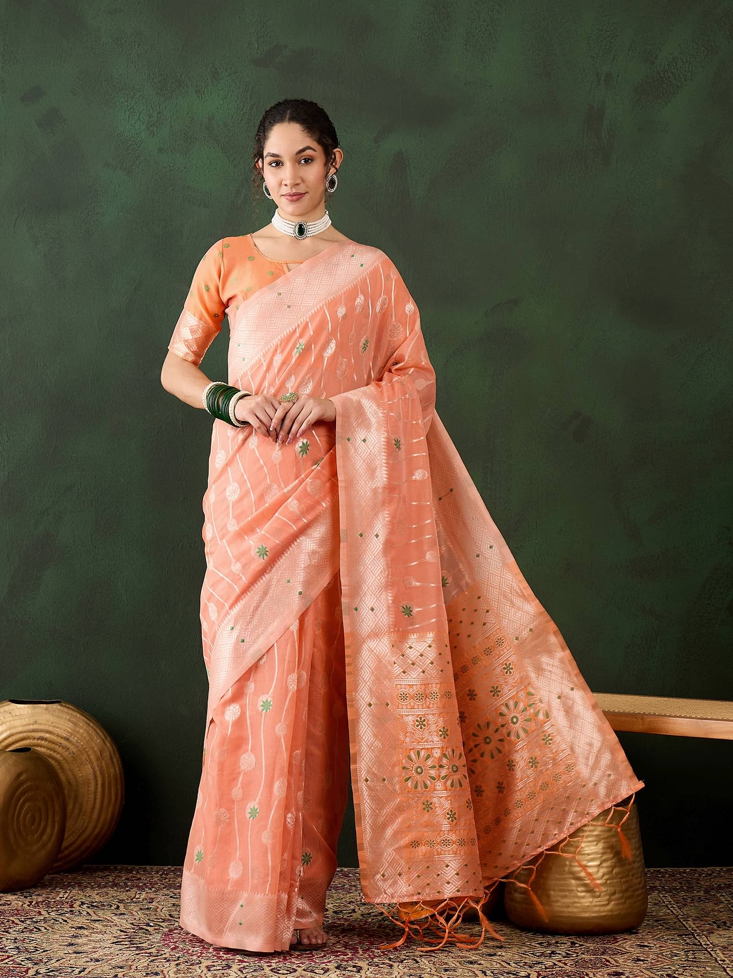 Shree Mahantam Cotton Blend Embellished Banarasi saree With Unstitched Blouse Piece ( Orange ) Shree Mahantam Cotton Blend Embellished Banarasi saree With Unstitched Blouse Piece ( Orange )