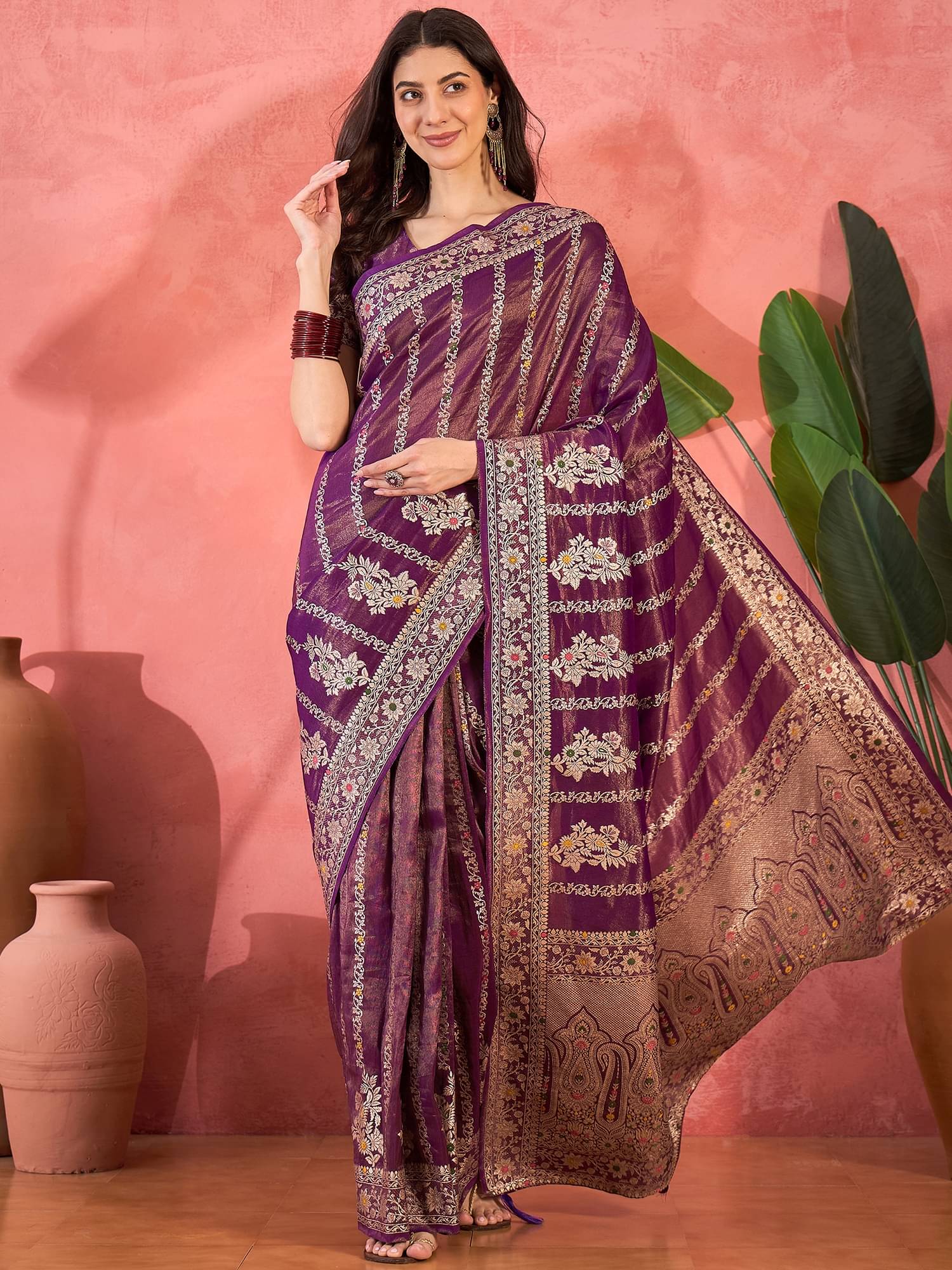Shree Mahantam Shimmer Embellished Banarasi saree With Unstitched Blouse Piece ( Purple ) Shree Mahantam Shimmer Embellished Banarasi saree With Unstitched Blouse Piece ( Purple )