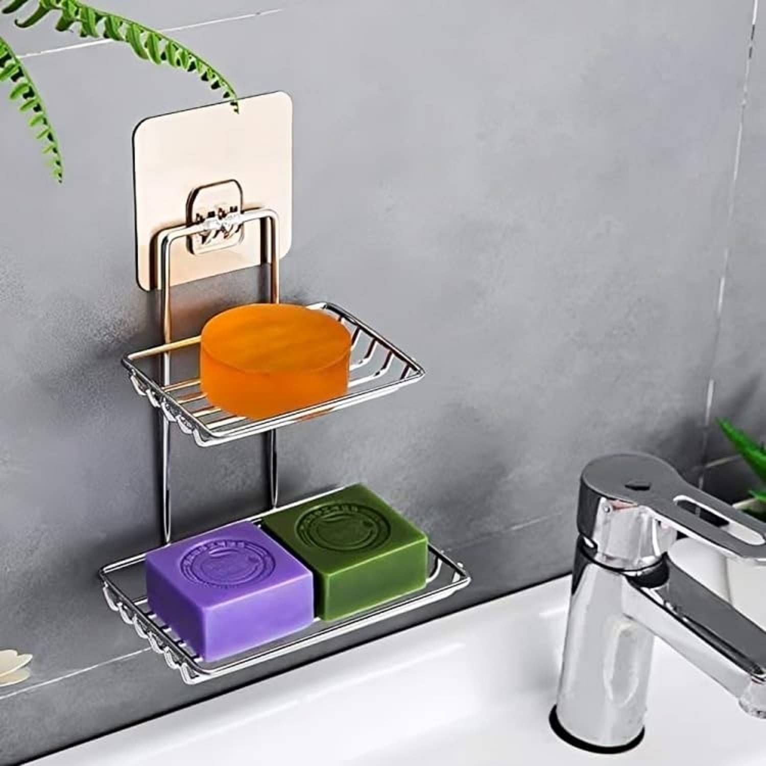 Stickable Double Layer Soap Dish Holder - Wall Mounted Stainless Steel Soap Stand Stickable Double Layer Soap Dish Holder - Wall Mounted Stainless Steel Soap Stand