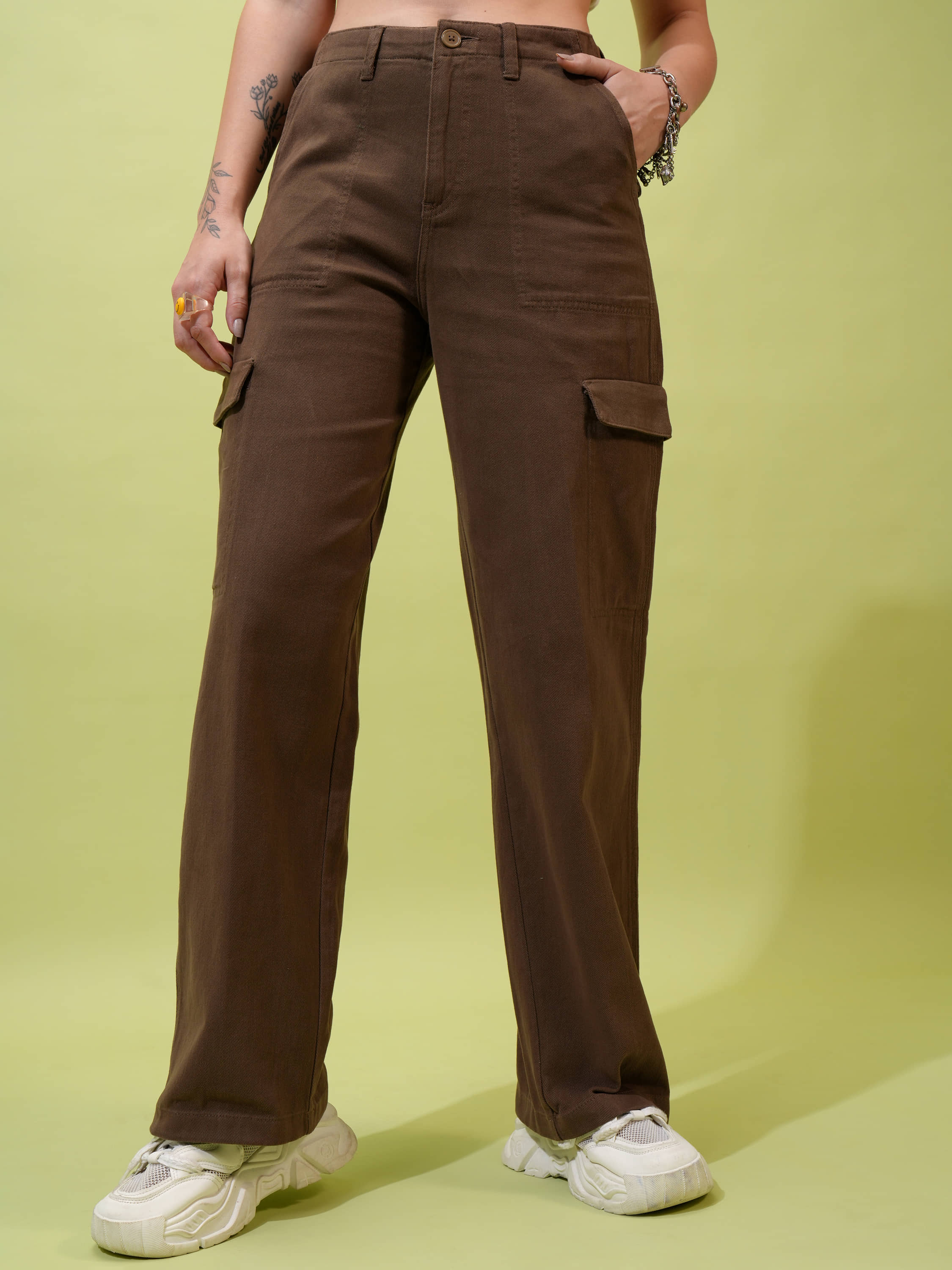 Tokyo Talkies Women Cotton Cargos Trousers ( Brown ) - Trousers | Buy online on ZillyBuy