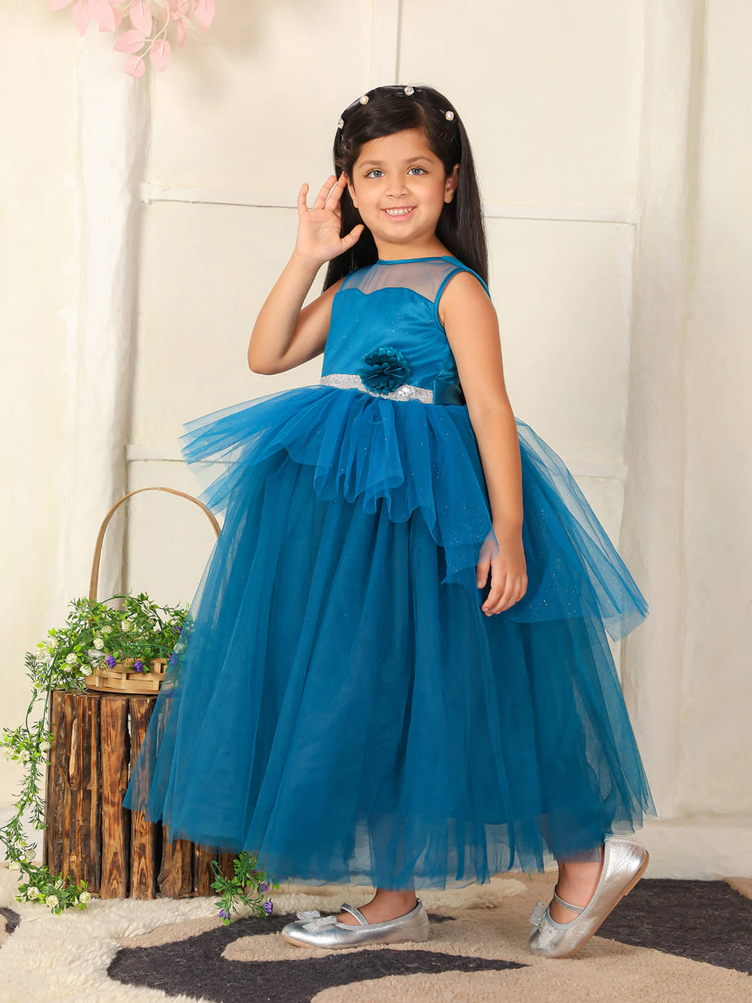Toy Balloon Kids Net Gown For Girls ( Pack of 1 , Blue )
