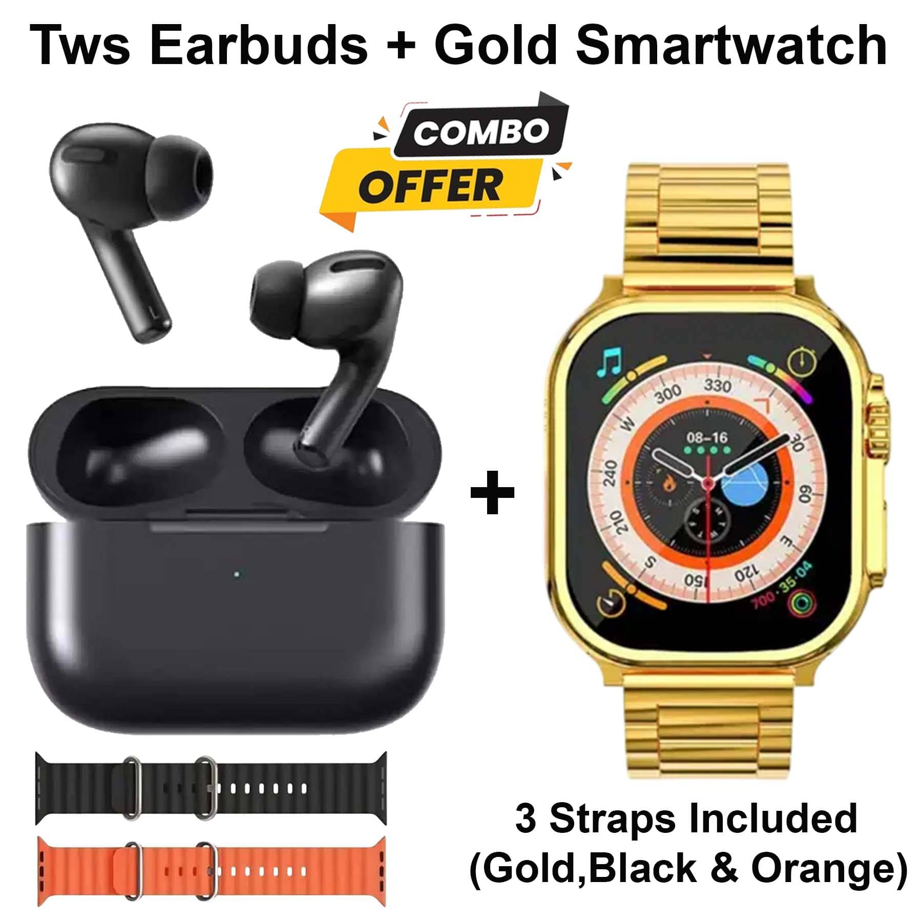     			U7 True Wireless Earbuds, 3D Sound, Ultra Low Latency, Upto 30Hr Playtime + Gold Smartwatch Campatible for IOS & Android -Bluetooth Call, Fitness Tracker