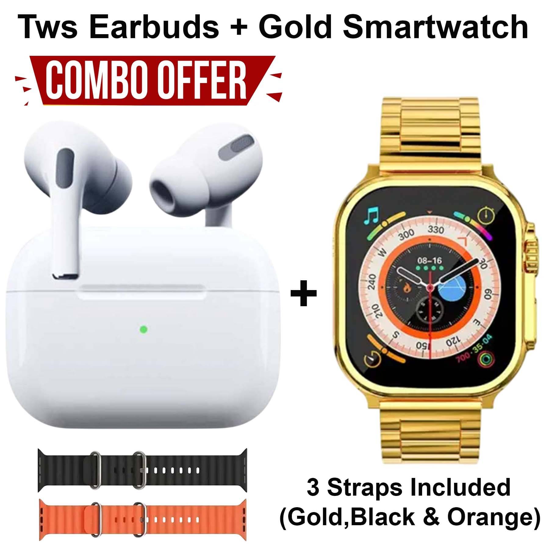    			U7 True Wireless Earbuds Fast Charging, Upto 30Hr Playtime + Gold Smartwatch Campatible for IOS & Android -Bluetooth Call, Fitness Tracker, Voice Assistance
