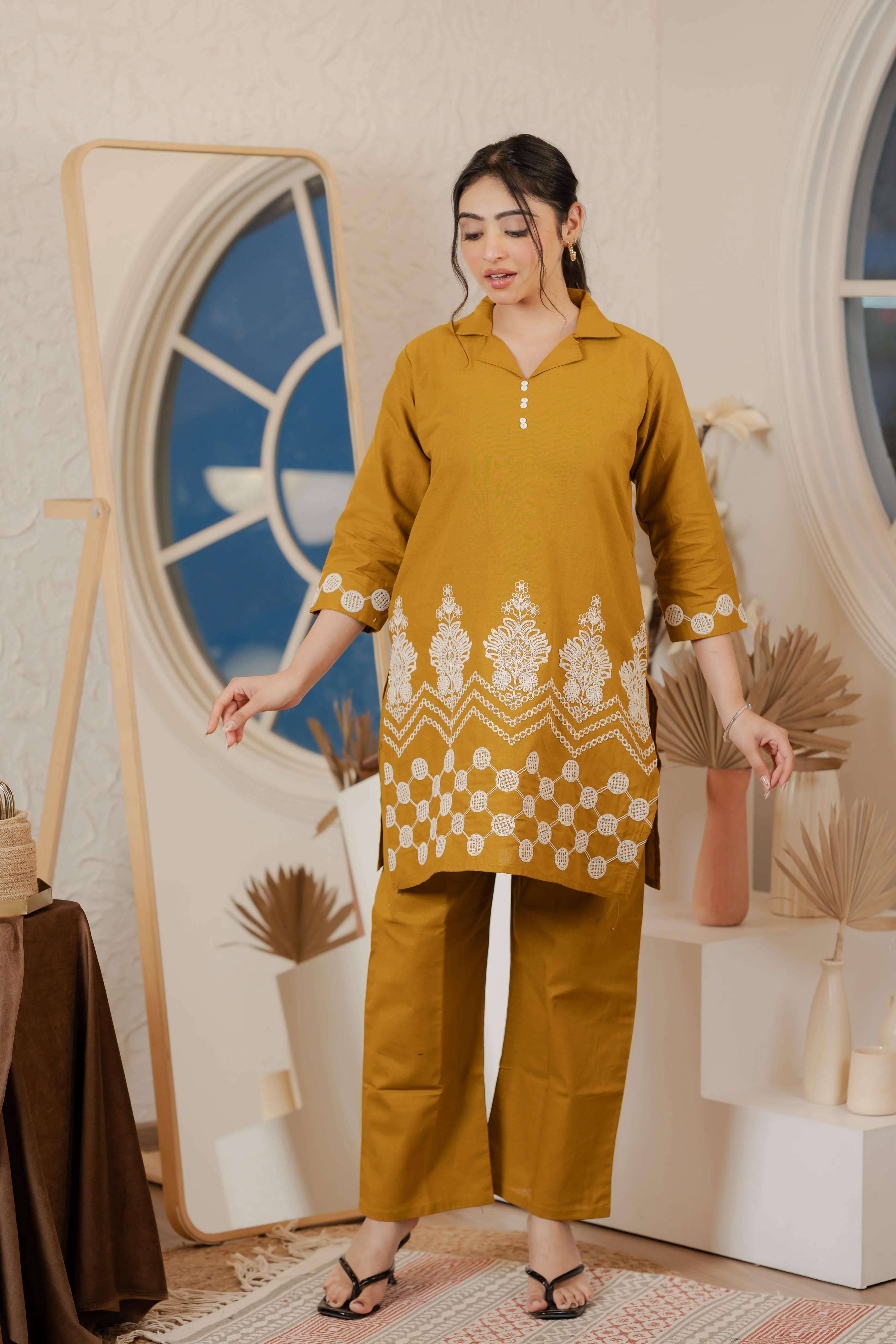     			VISHWAS ENTERPRISE Women Embroidered Tunic With Palazzos Co-Ord Set ( Mustard )