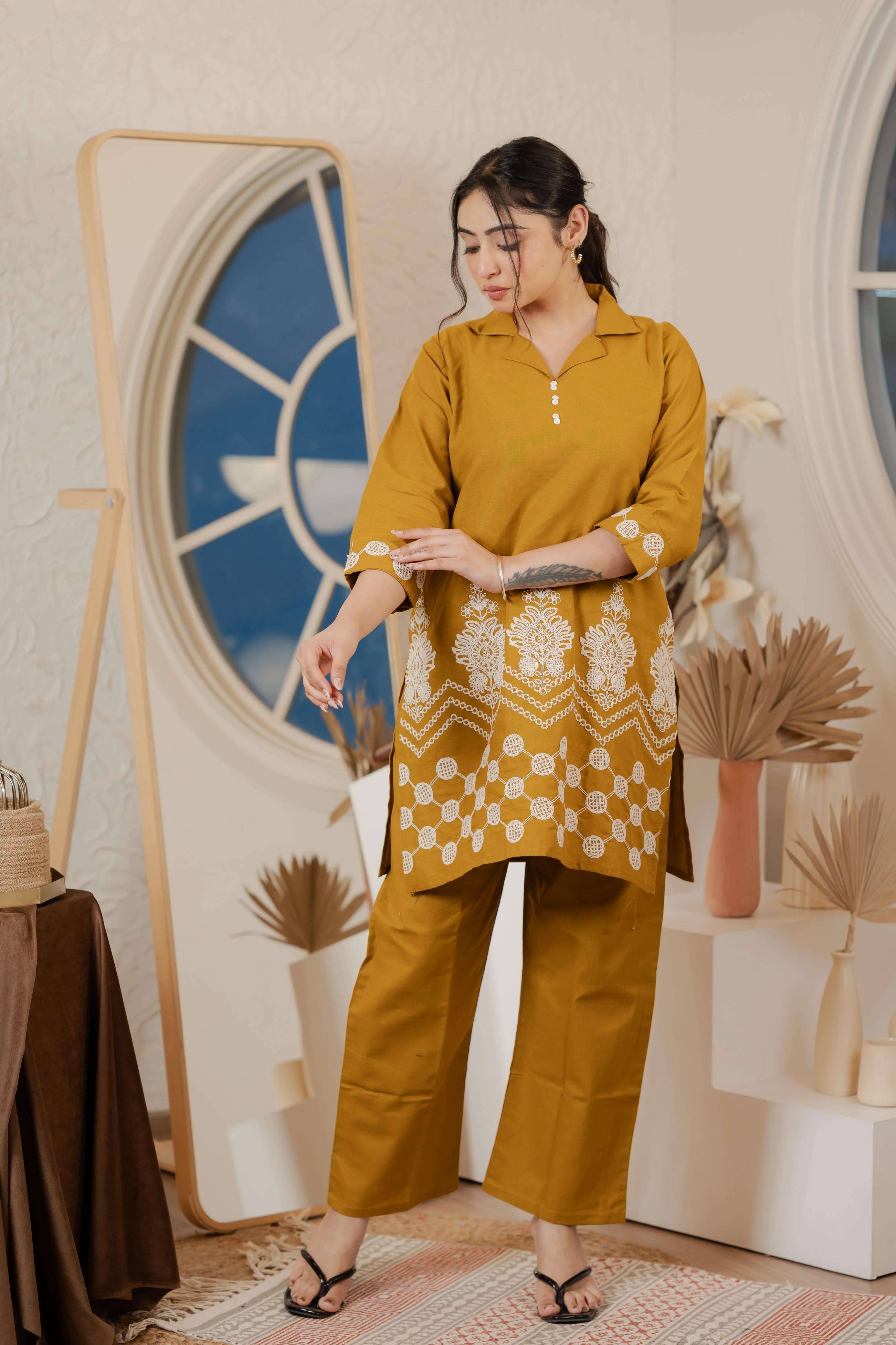     			VISHWAS ENTERPRISE Women Embroidered Tunic With Palazzos Co-Ord Set ( Mustard )