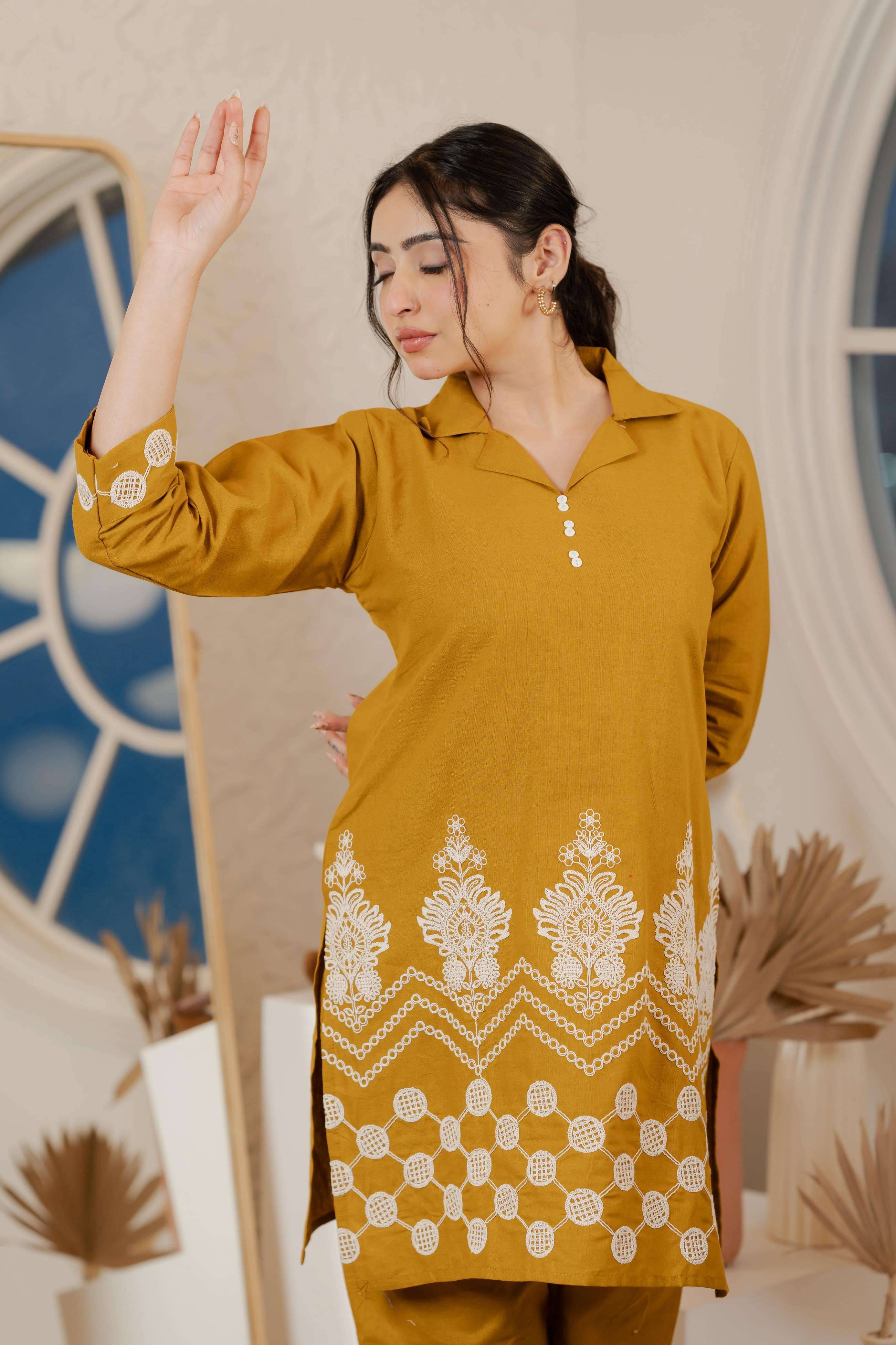     			VISHWAS ENTERPRISE Women Embroidered Tunic With Palazzos Co-Ord Set ( Mustard )