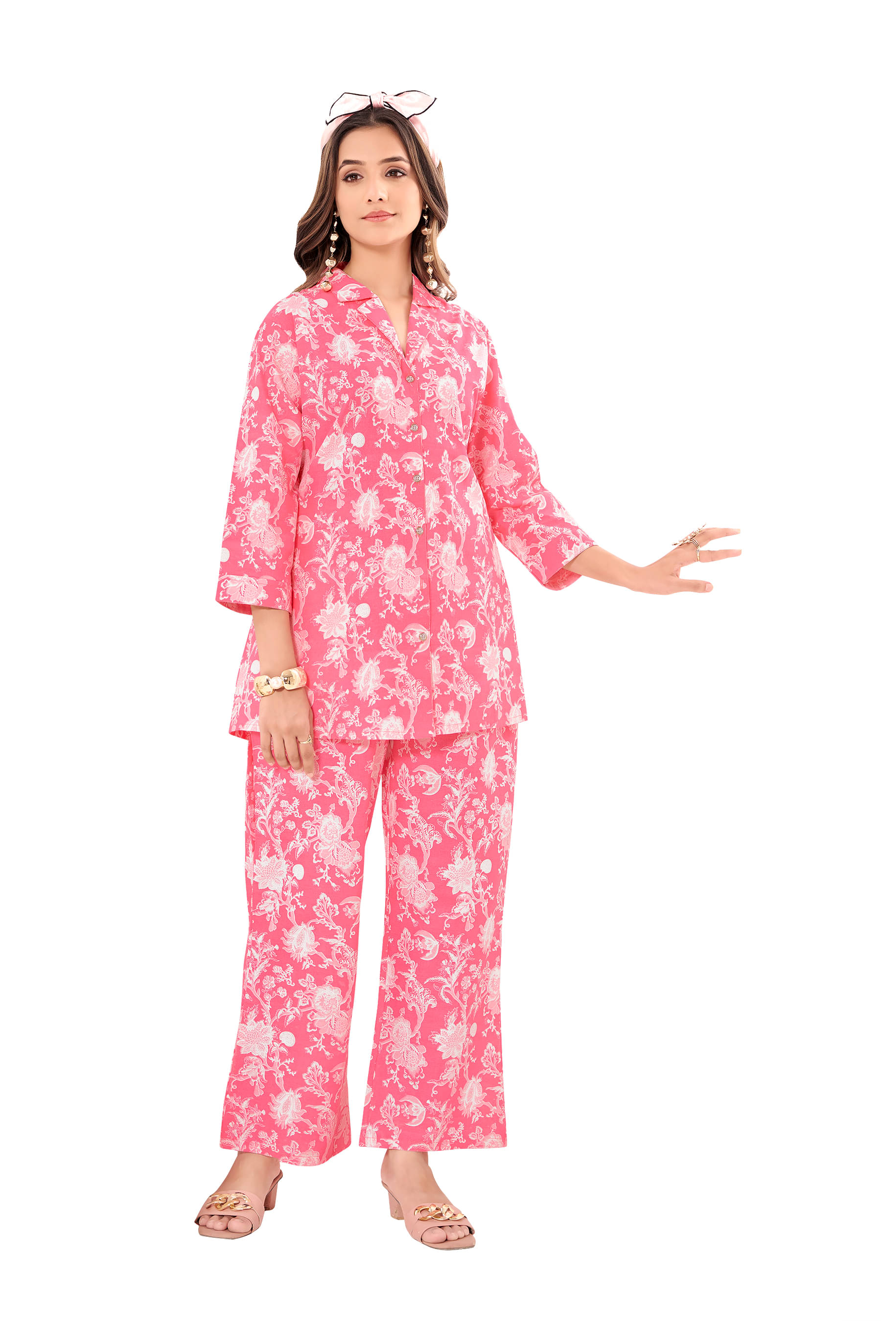 shree jeenmata collection Women Printed Top With Palazzos Co-Ord Set ( Pink ) shree jeenmata collection Women Printed Top With Palazzos Co-Ord Set ( Pink )