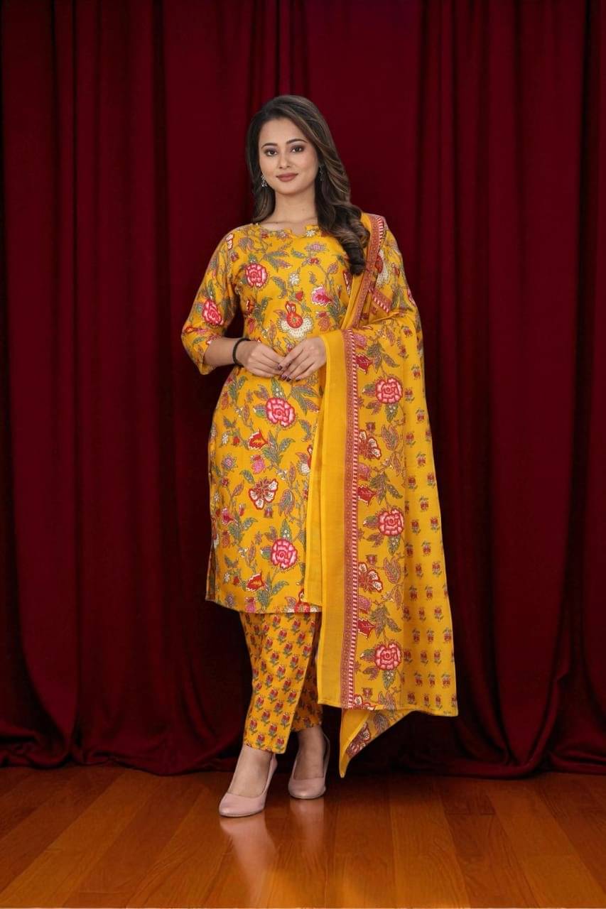     			BONISTA FASHION FOR ALL Women Cotton Printed A-line Kurti With Pants ( Yellow )