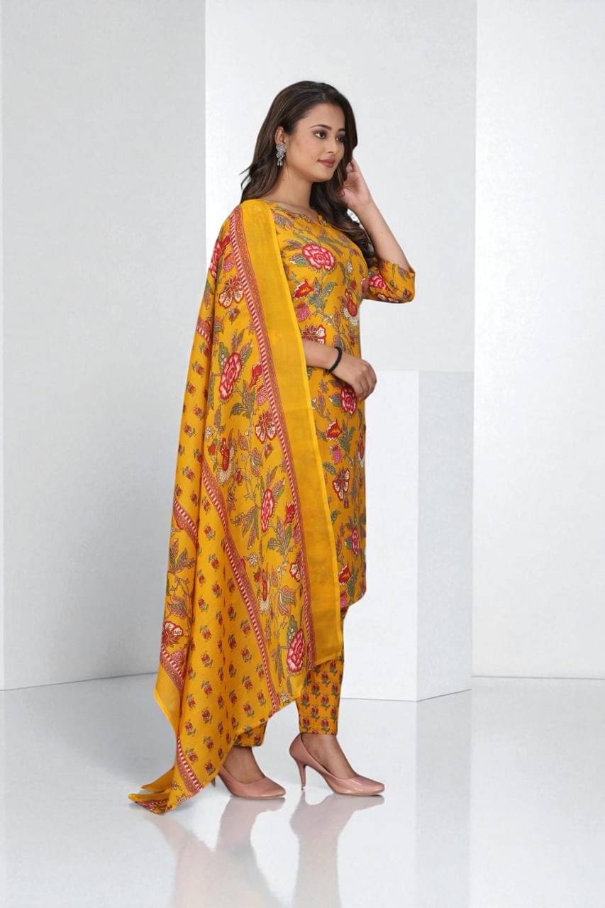     			BONISTA FASHION FOR ALL Women Cotton Printed A-line Kurti With Pants ( Yellow )