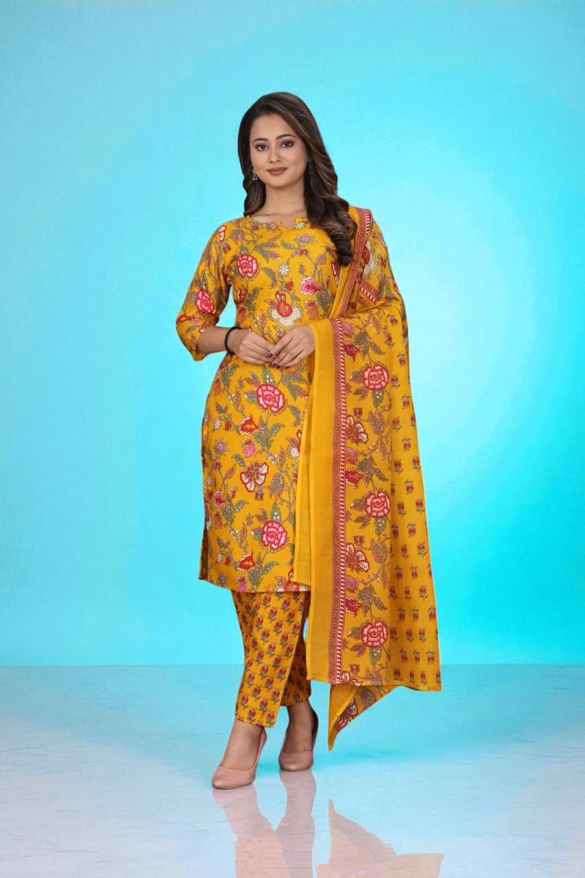     			BONISTA FASHION FOR ALL Women Cotton Printed A-line Kurti With Pants ( Yellow )