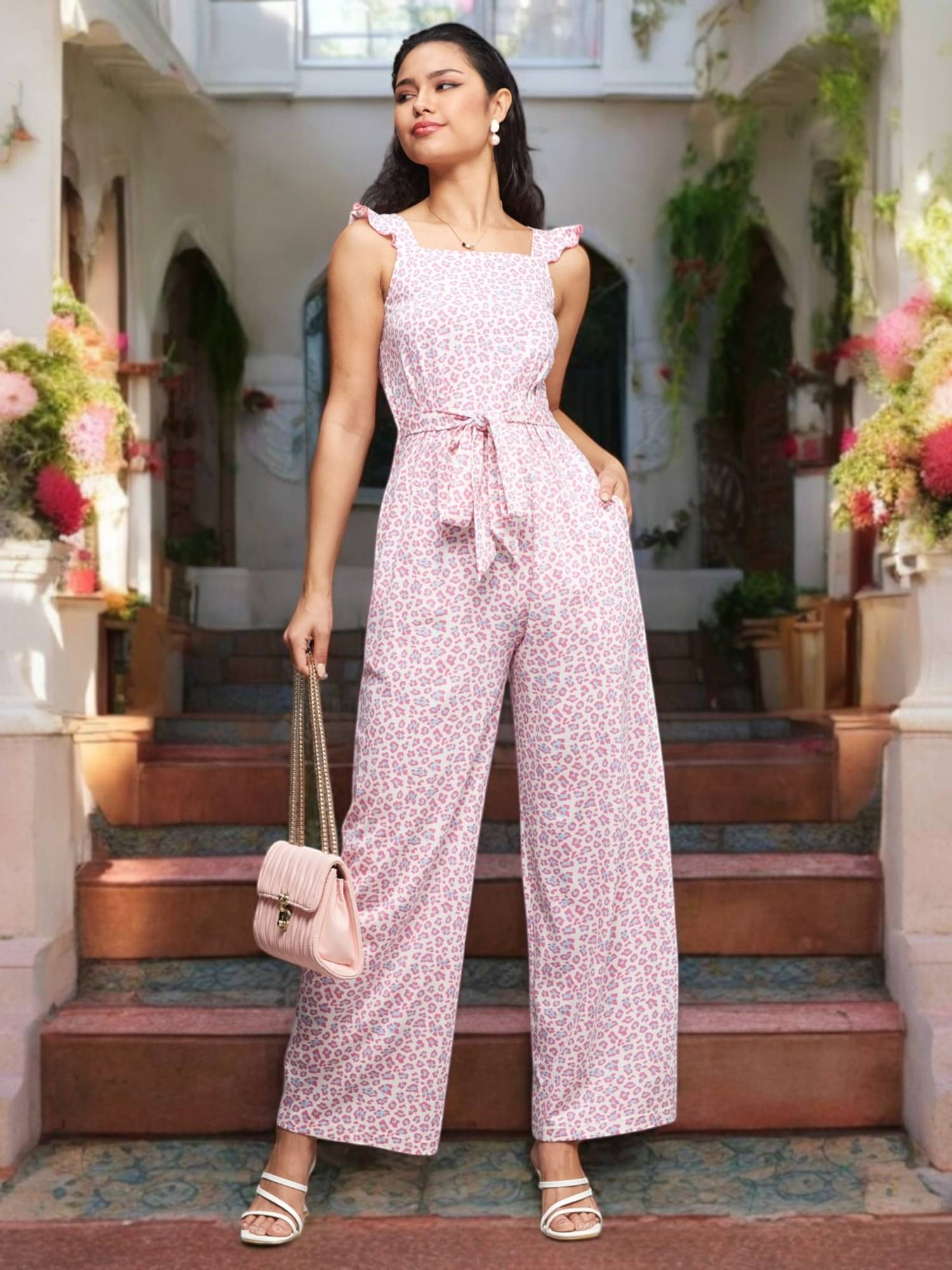 Miss Chase Women Printed Cotton Jumpsuit ( Peach ) Miss Chase Women Printed Cotton Jumpsuit ( Peach )