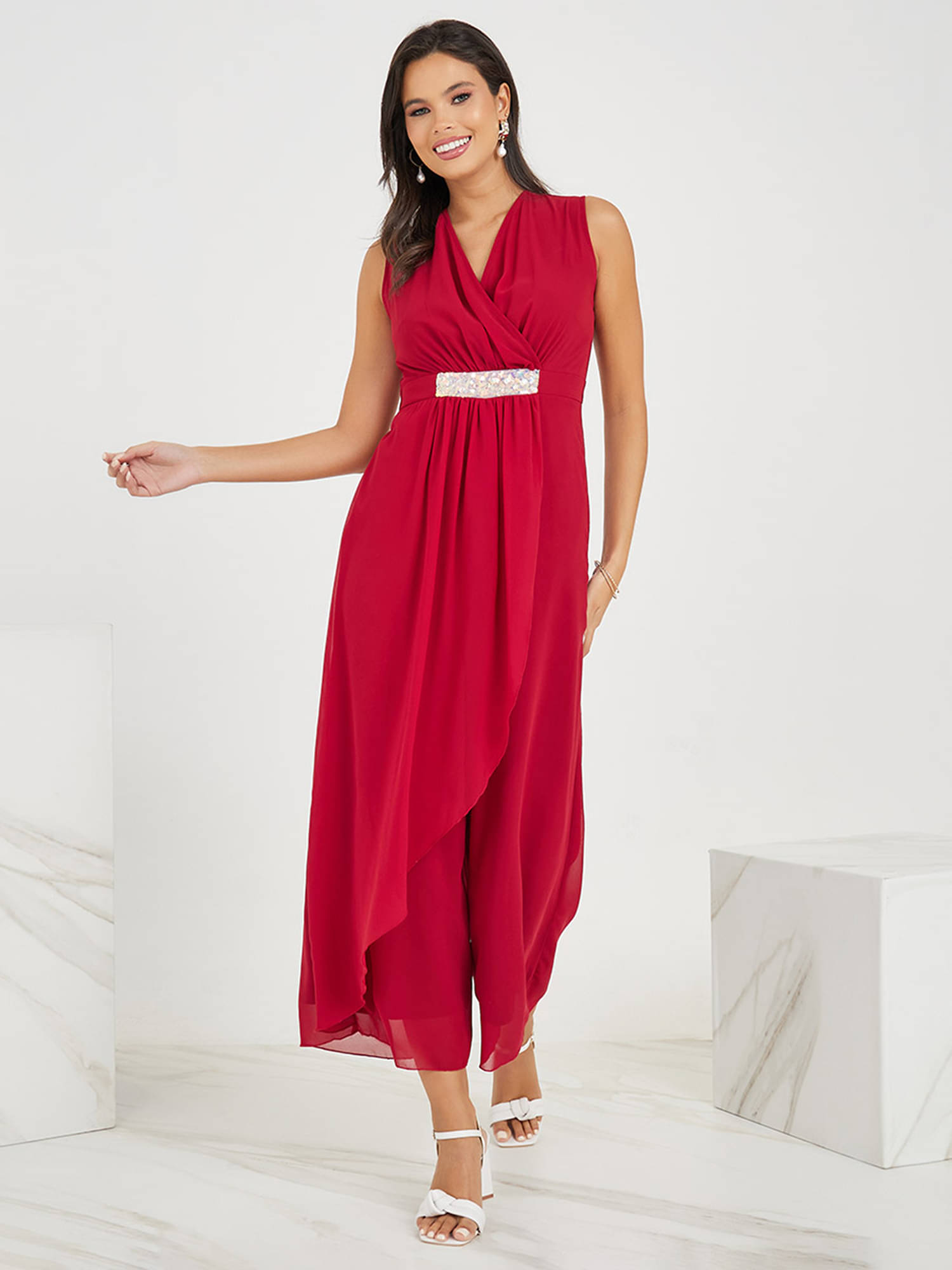 Miss Chase Women Printed Georgette Jumpsuit ( Maroon ) Miss Chase Women Printed Georgette Jumpsuit ( Maroon )