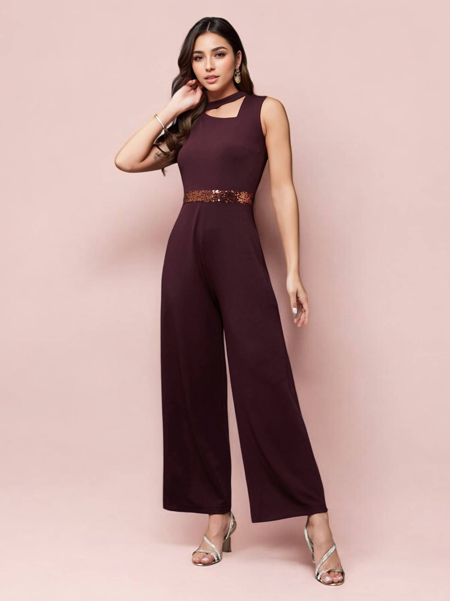     			Miss Chase Women Printed Polyester Jumpsuit ( Maroon )