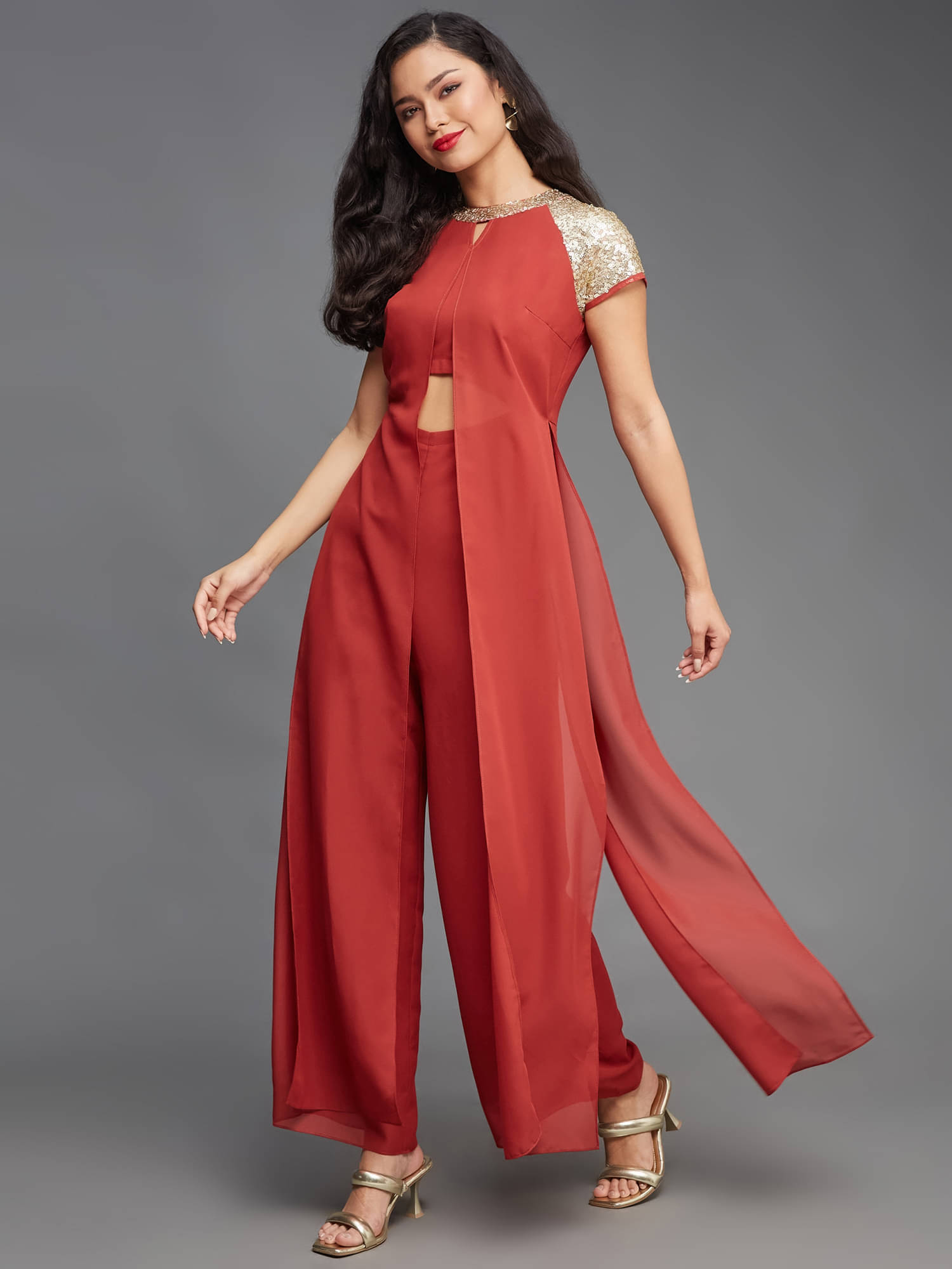 Miss Chase Women Printed Polyester Jumpsuit ( Red ) Miss Chase Women Printed Polyester Jumpsuit ( Red )
