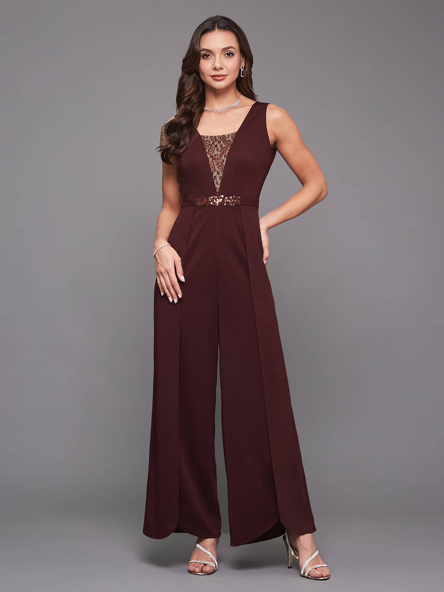     			Miss Chase Women Printed Polyester Jumpsuit ( Wine )