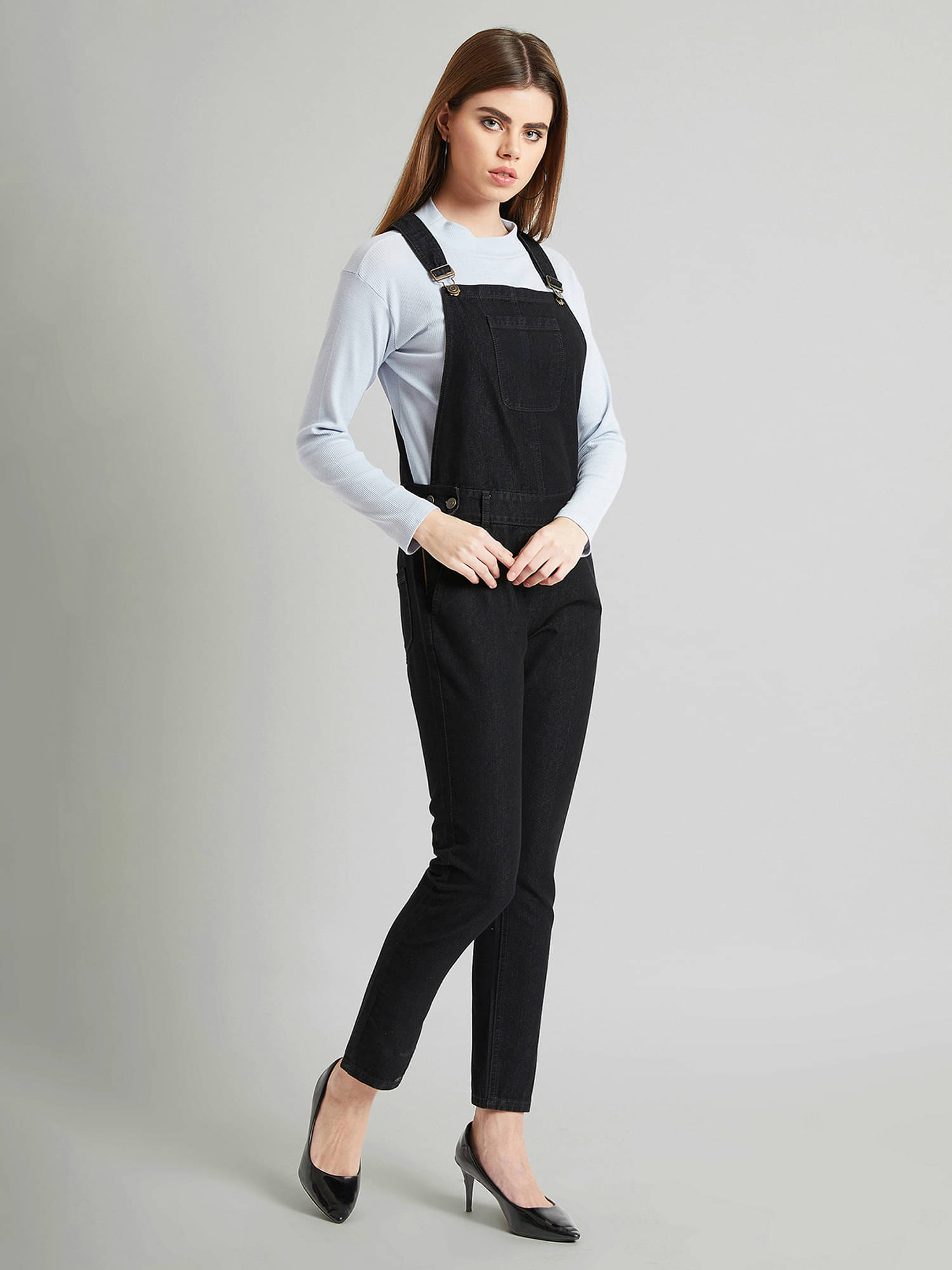 Miss Chase Women Solid Denim Dungarees ( Black ) Miss Chase Women Solid Denim Dungarees ( Black )