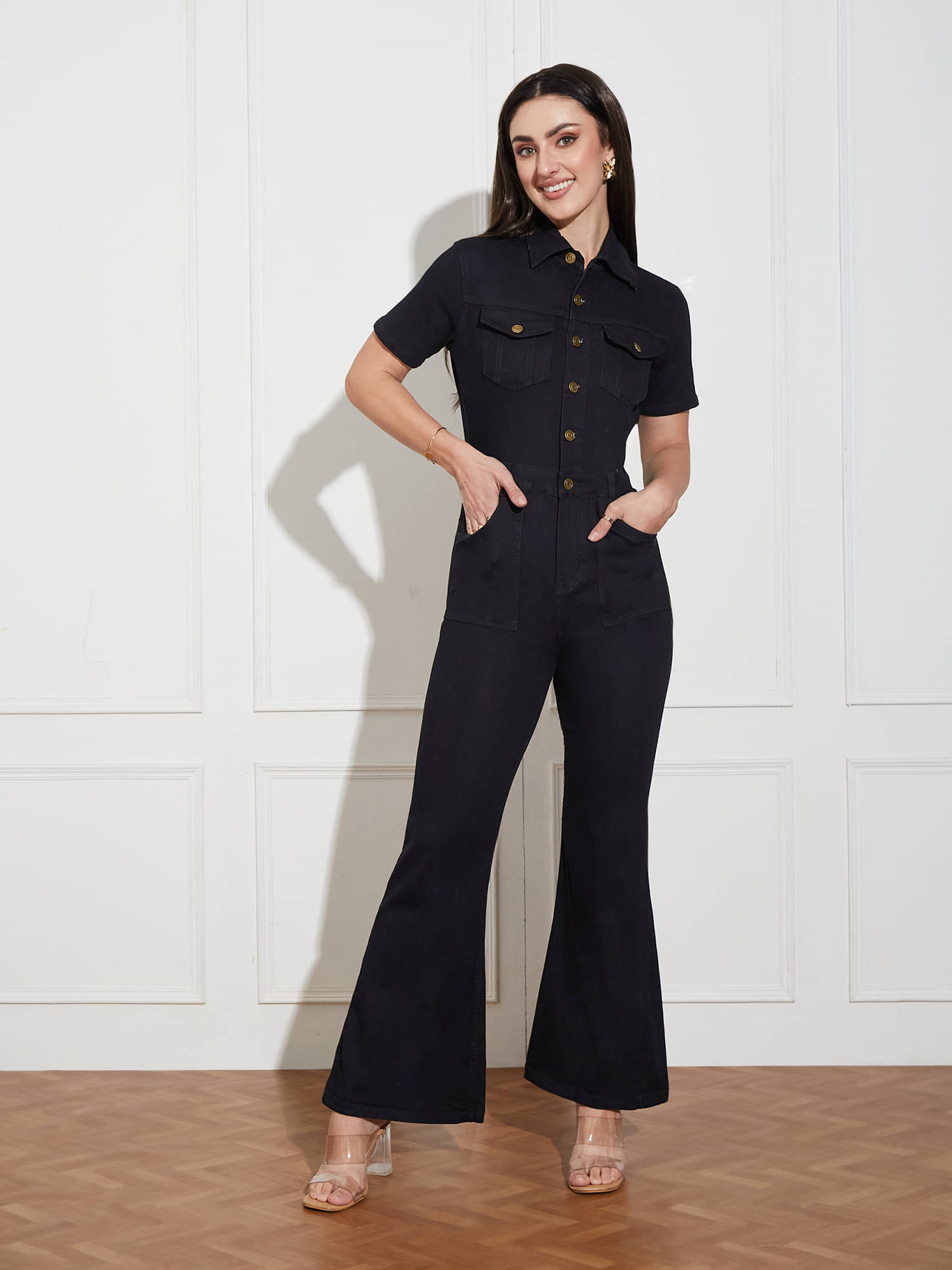 Miss Chase Women Solid Denim Jumpsuit ( Black ) Miss Chase Women Solid Denim Jumpsuit ( Black )