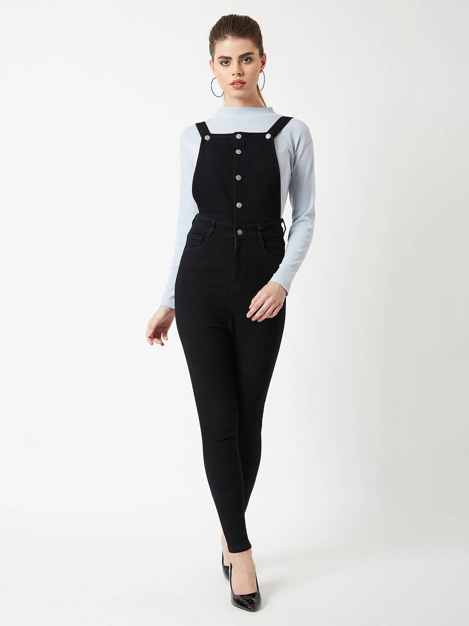     			Miss Chase Women Solid Denim Dungarees ( Black )