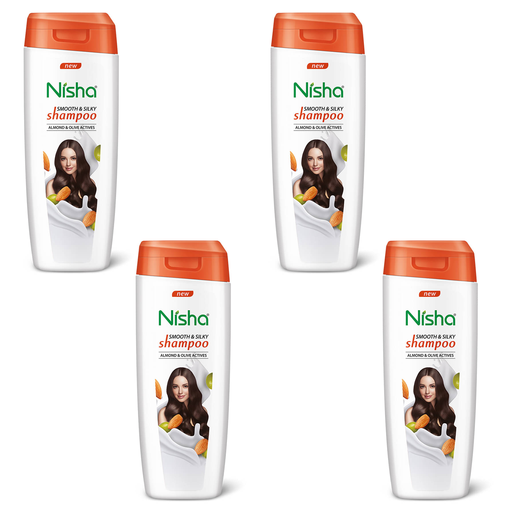 Nisha Smooth & Silky Shampoo for Women Men 75ml Pack of 4, Almond & Olive Actives Shampoo for Naturally Soft Silky Hair     			Nisha Smooth & Silky Shampoo for Women Men 75ml Pack of 4, Almond & Olive Actives Shampoo for Naturally Soft Silky Hair