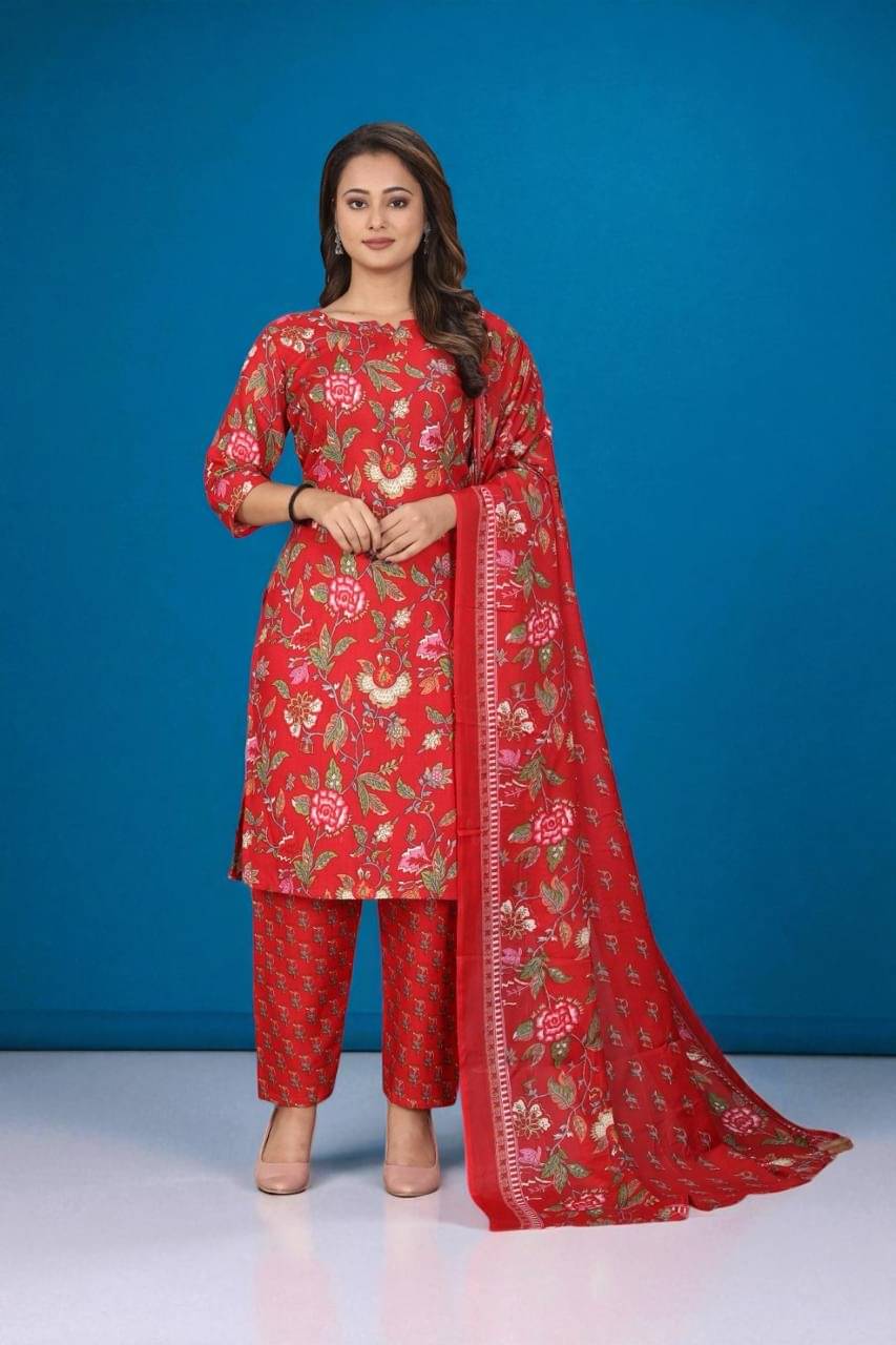     			TRIONZA Women Cotton Printed A-line Kurti With Pants ( Red )