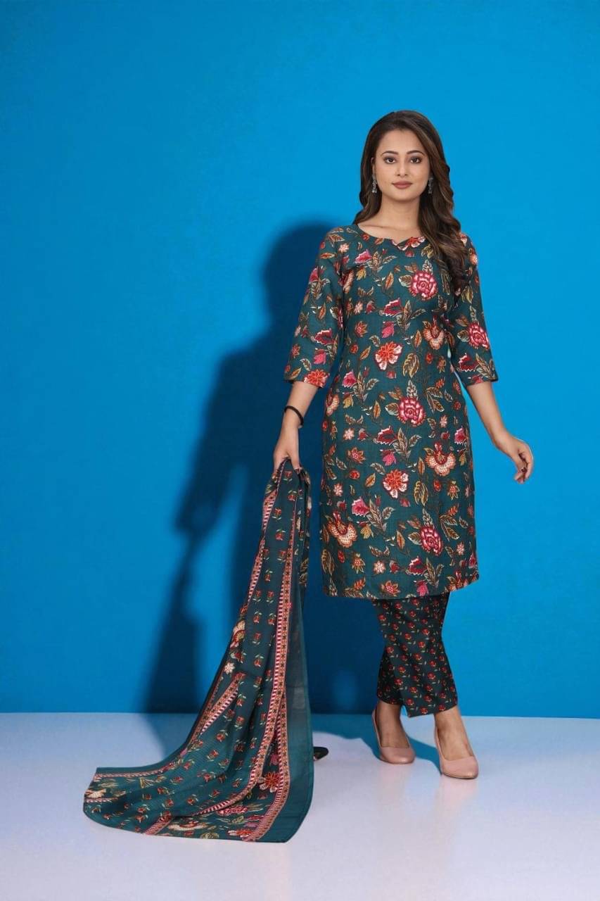 TRIONZA Women Cotton Printed A-line Kurti With Pants ( Green ) TRIONZA Women Cotton Printed A-line Kurti With Pants ( Green )